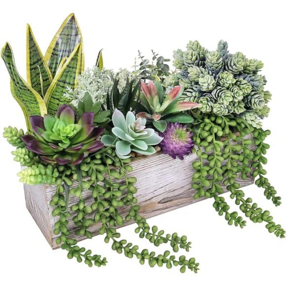 14 Pcs Assorted Artificial Succulents Fake Plants in Rectangular Wooden Pots